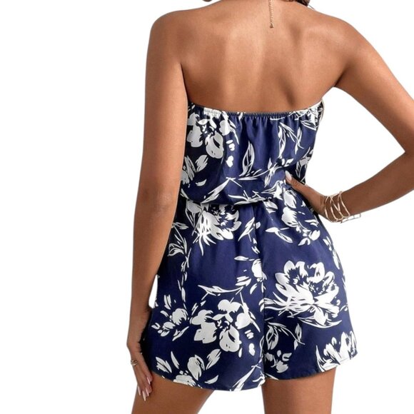 Womens Plus XXL Navy Blue Hawaiian Floral Romper – Trendy Tube Top with Shorts - Picture 3 of 12